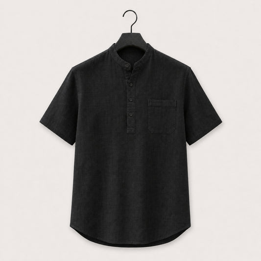 Black band collar linen blend henley shirt with short sleeves and a chest pocket, shown on a hanger