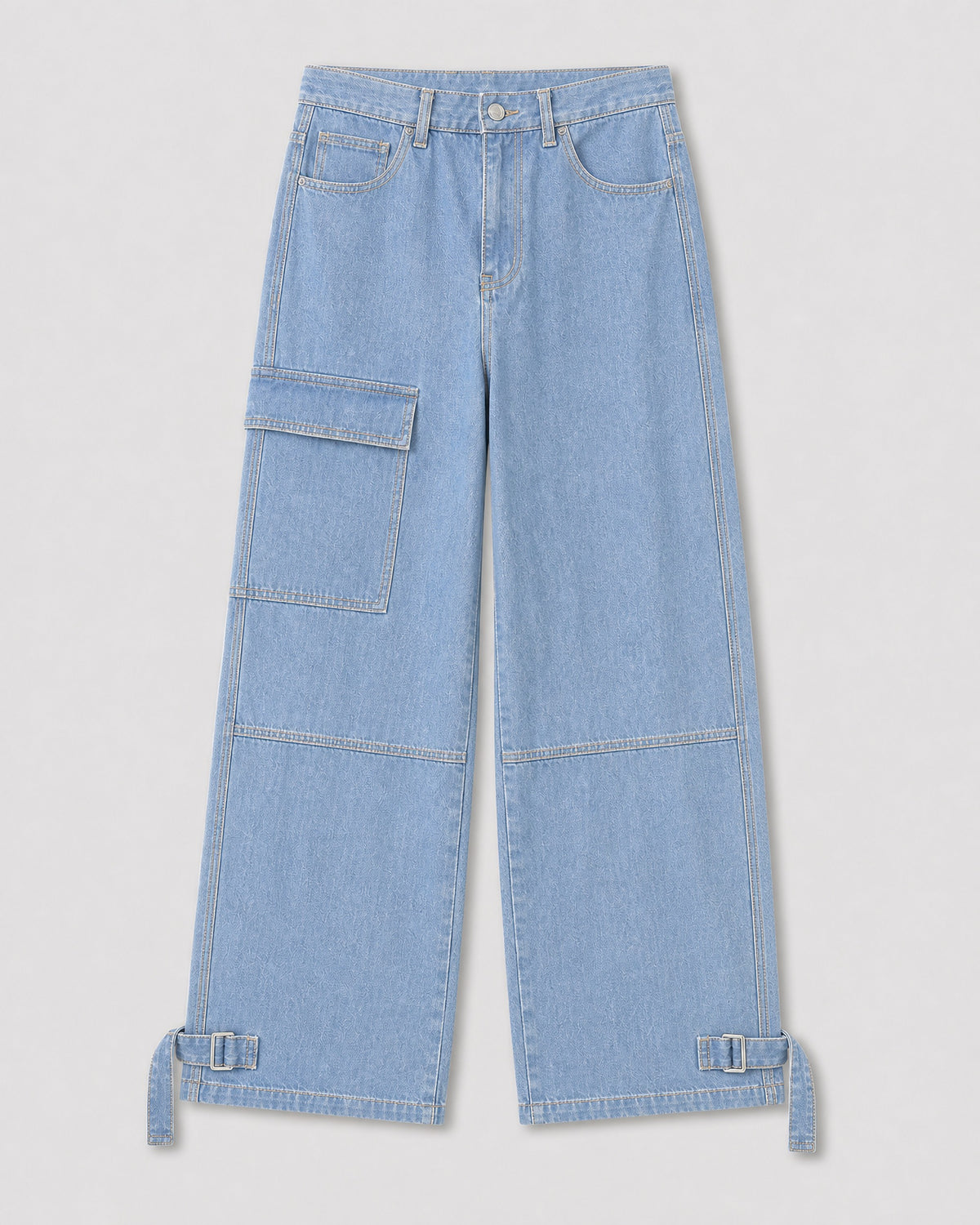 Light blue wide leg cargo jeans, front view, thigh patch pocket and buckle hem tabs