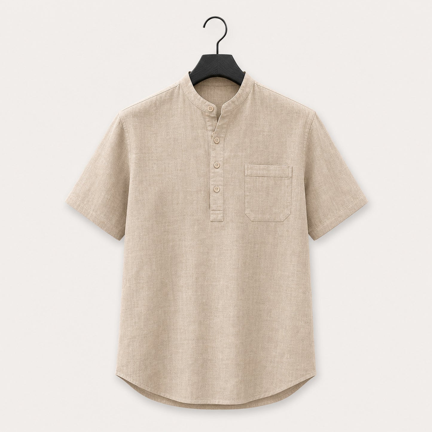 Sand band collar linen blend henley shirt with short sleeves and a chest pocket, shown on a hanger