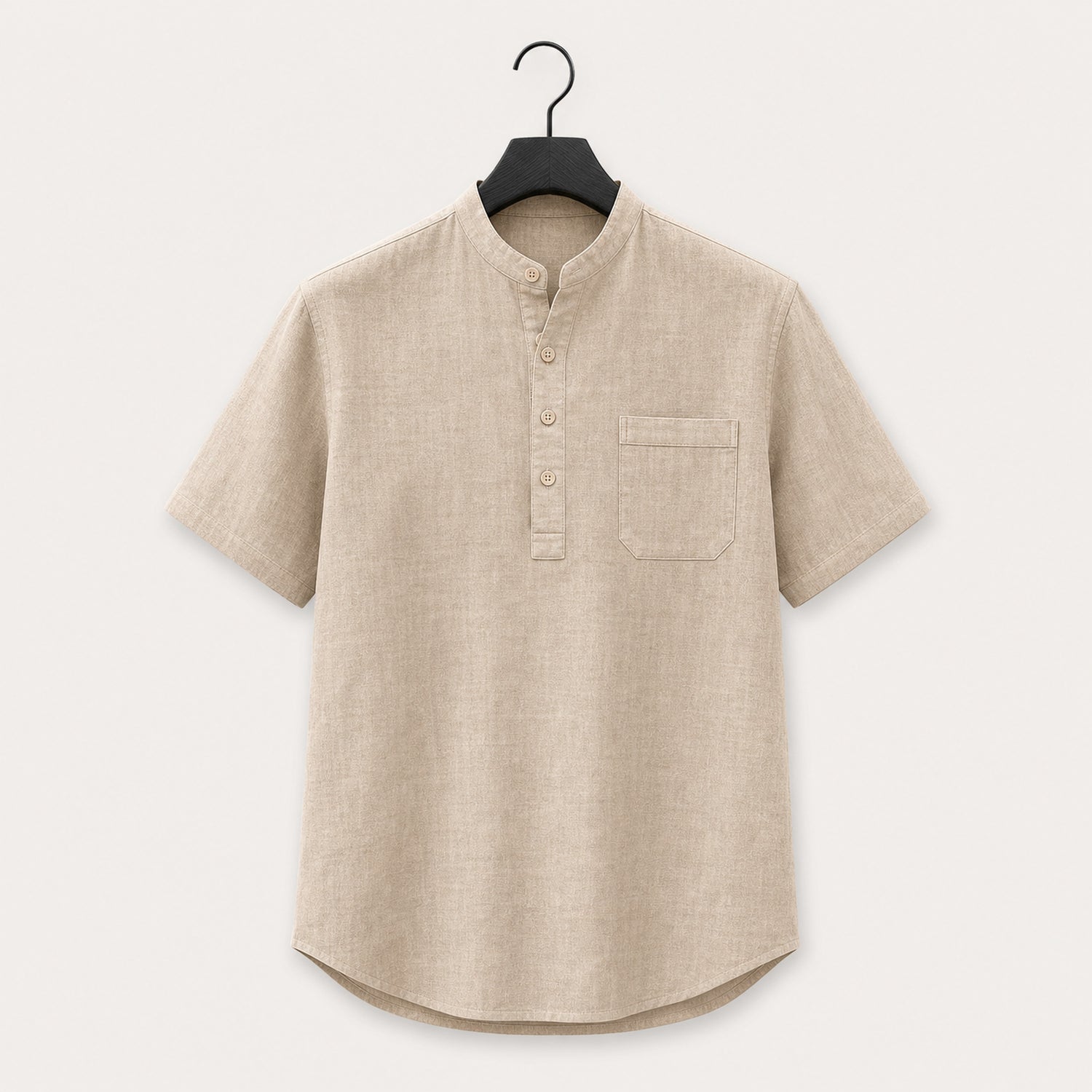 Sand band collar linen blend henley shirt with short sleeves and a chest pocket, shown on a hanger