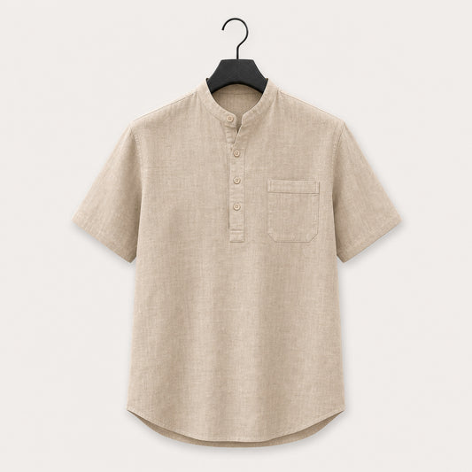 Sand band collar linen blend henley shirt with short sleeves and a chest pocket, shown on a hanger