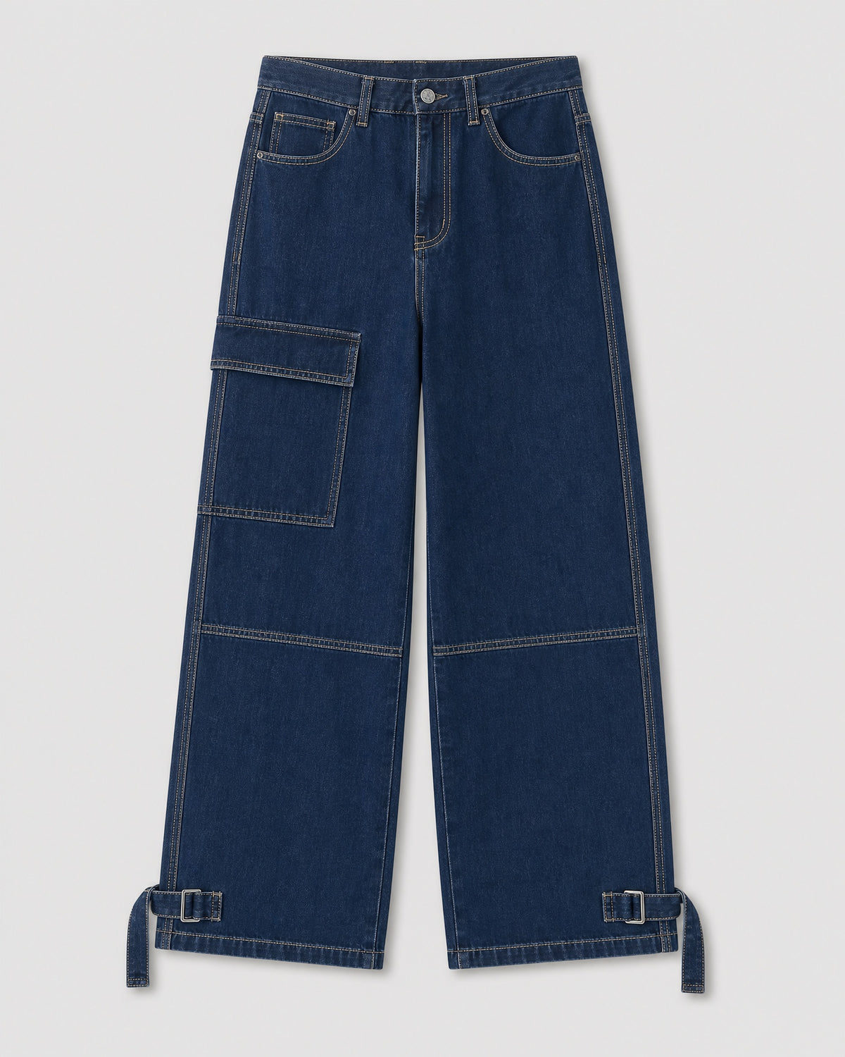 Dark blue wide leg cargo jeans, front view, thigh patch pocket and buckle hem tabs