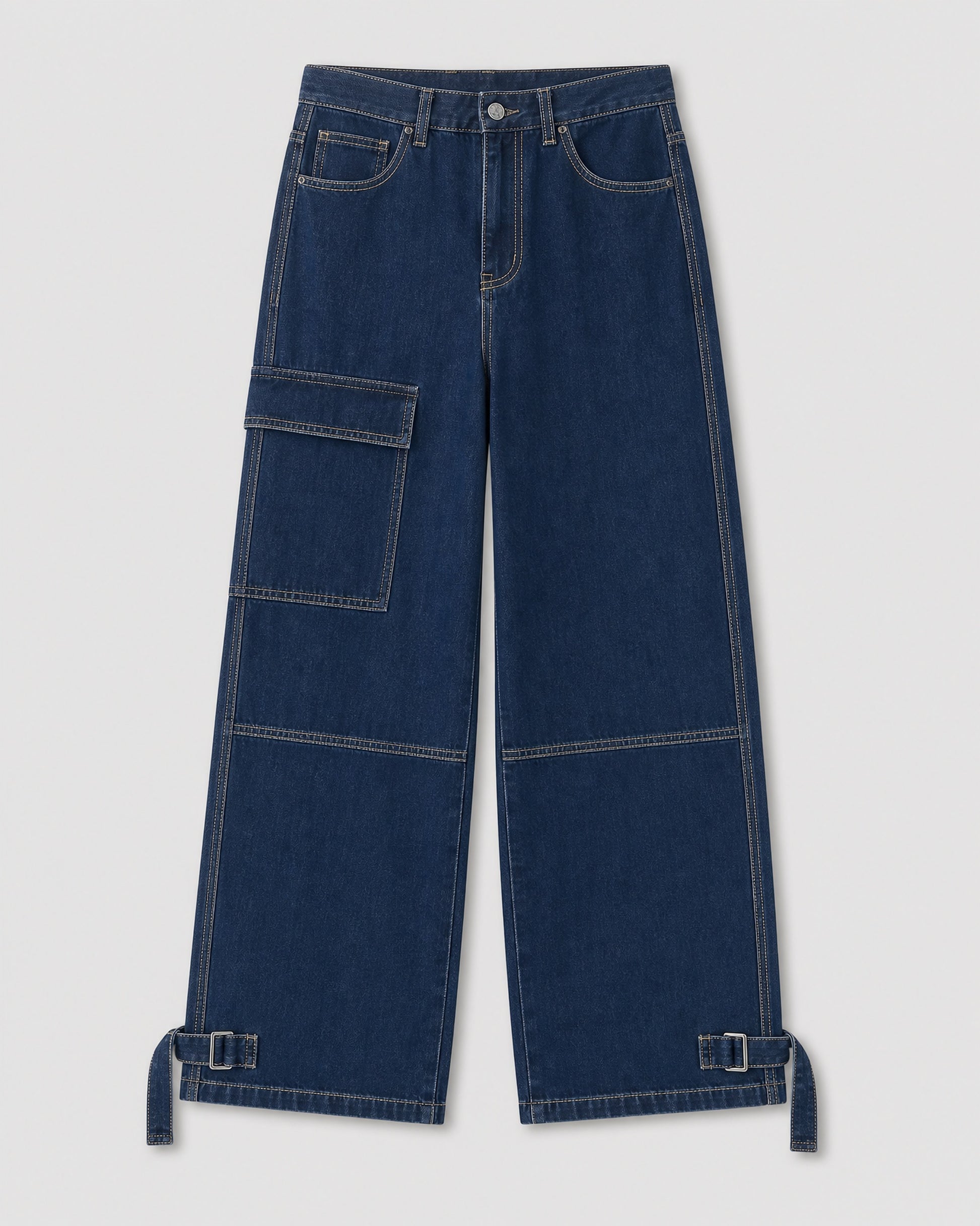 Dark blue wide leg cargo jeans, front view, thigh patch pocket and buckle hem tabs