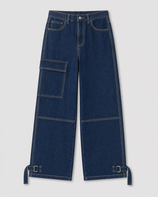 Dark blue wide leg cargo jeans, front view, thigh patch pocket and buckle hem tabs