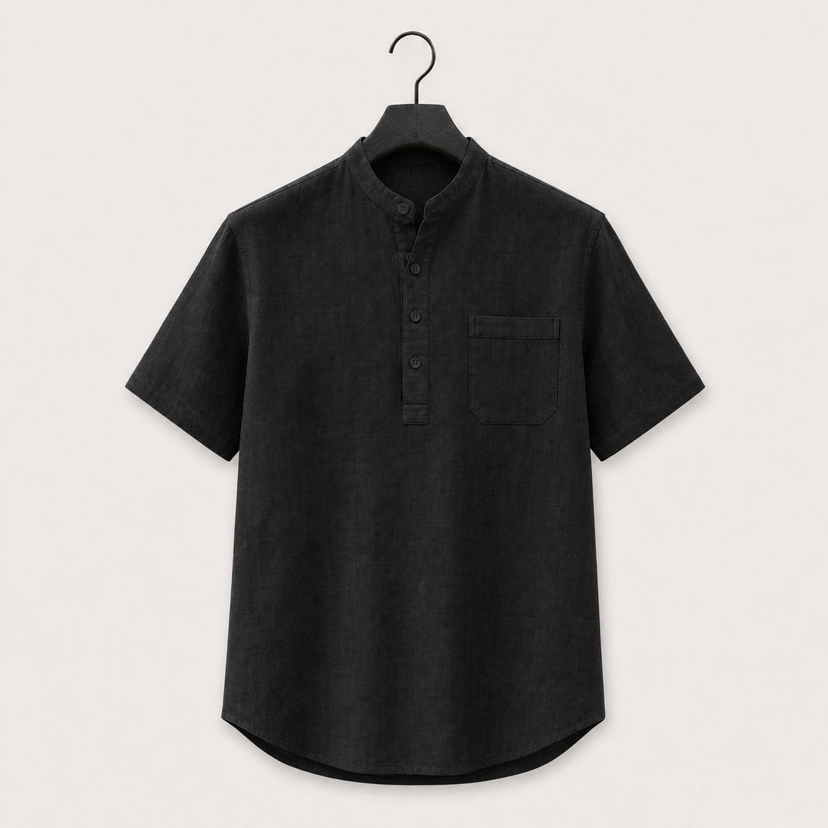 Black band collar linen blend henley shirt with short sleeves and a chest pocket, shown on a hanger