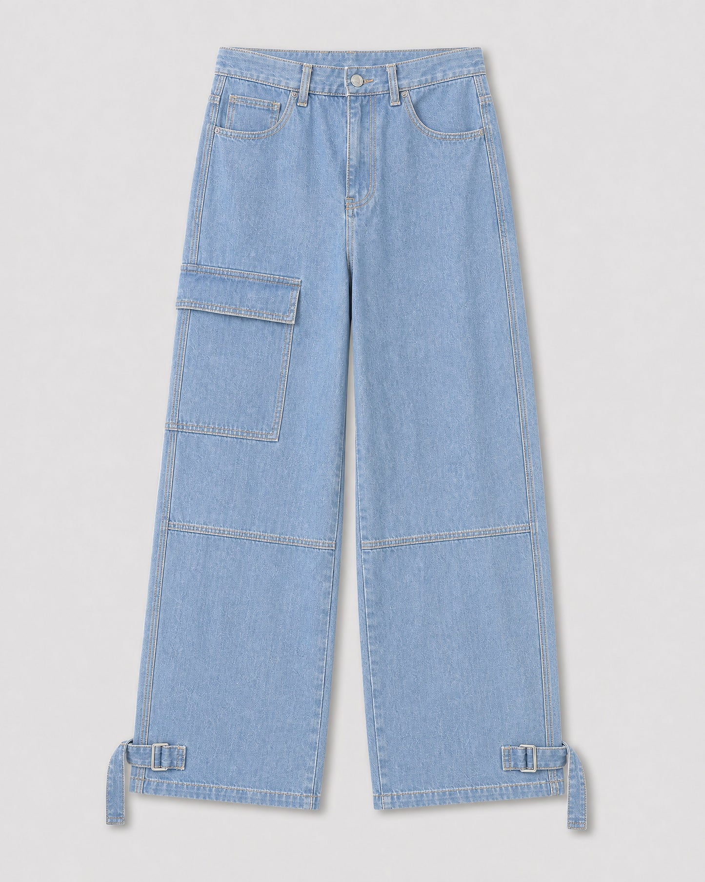 Light blue wide leg cargo jeans, front view, thigh patch pocket and buckle hem tabs