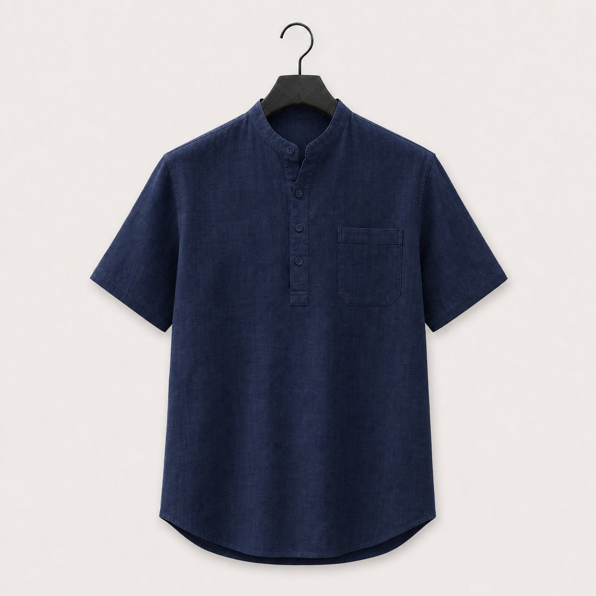 Navy band collar linen blend henley shirt with short sleeves and a chest pocket, shown on a hanger