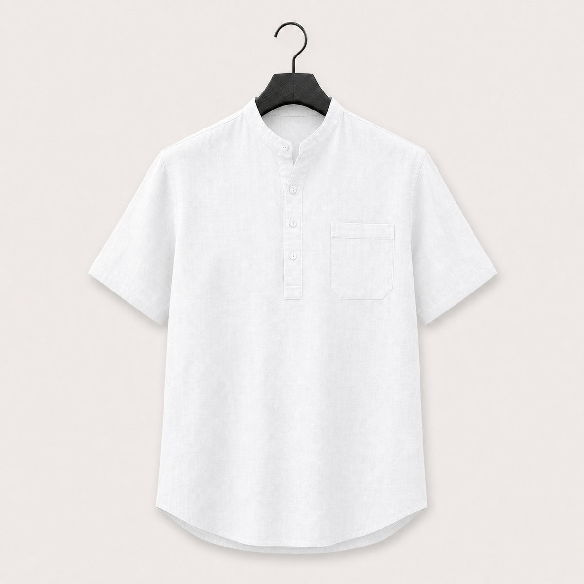 White band collar linen blend henley shirt with short sleeves and a chest pocket, shown on a hanger