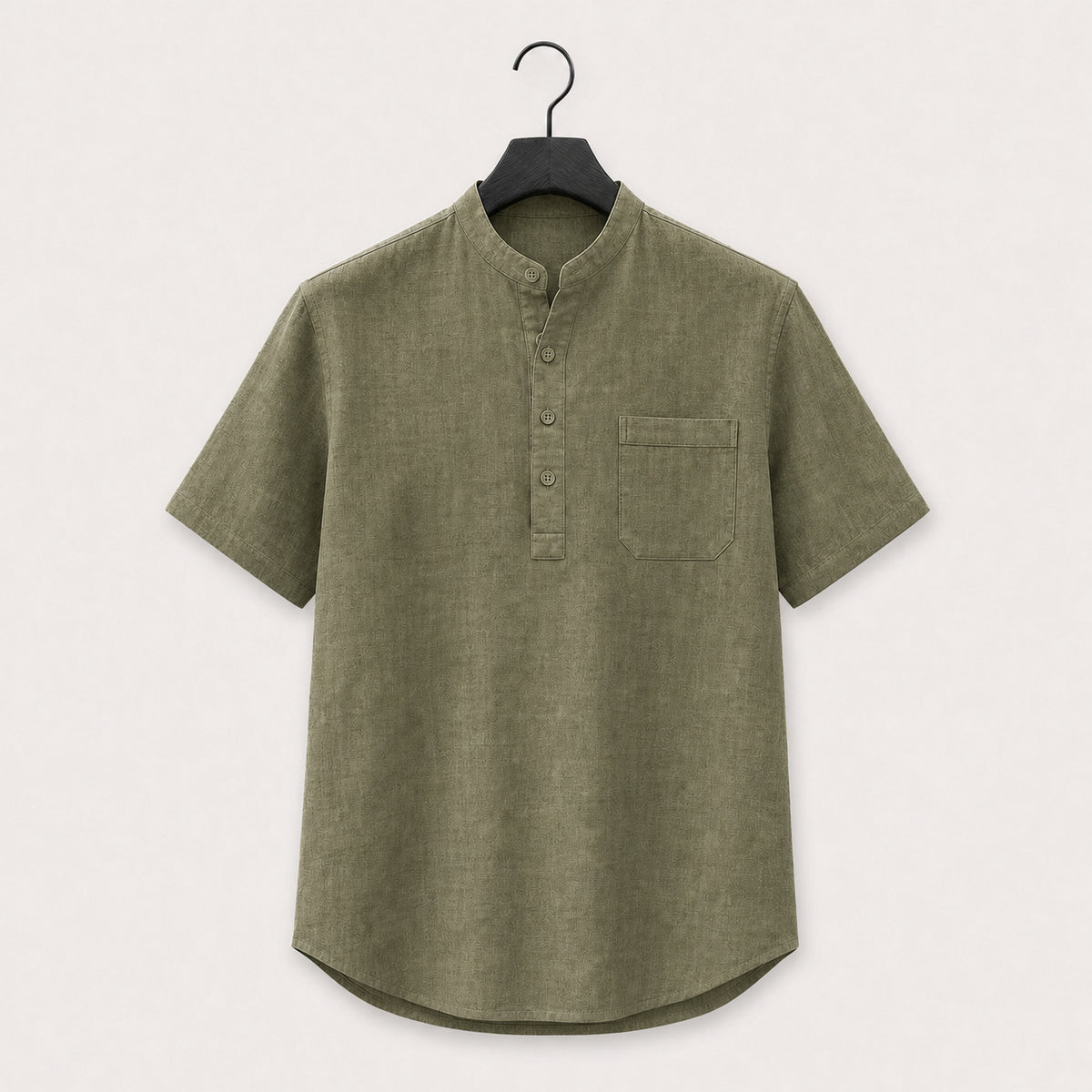 Olive band collar linen blend henley shirt with short sleeves and a chest pocket, shown on a hanger