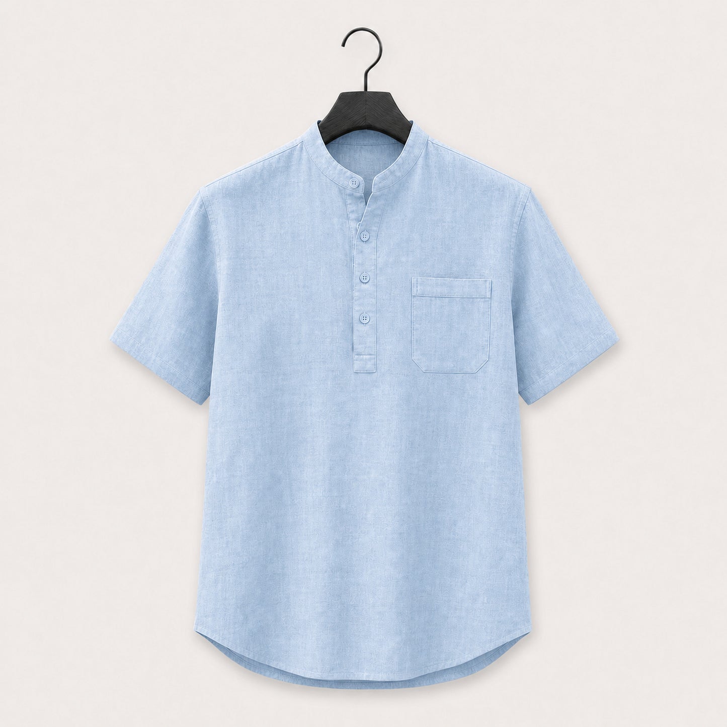Light blue band collar linen blend henley shirt with short sleeves and a chest pocket, shown on a hanger